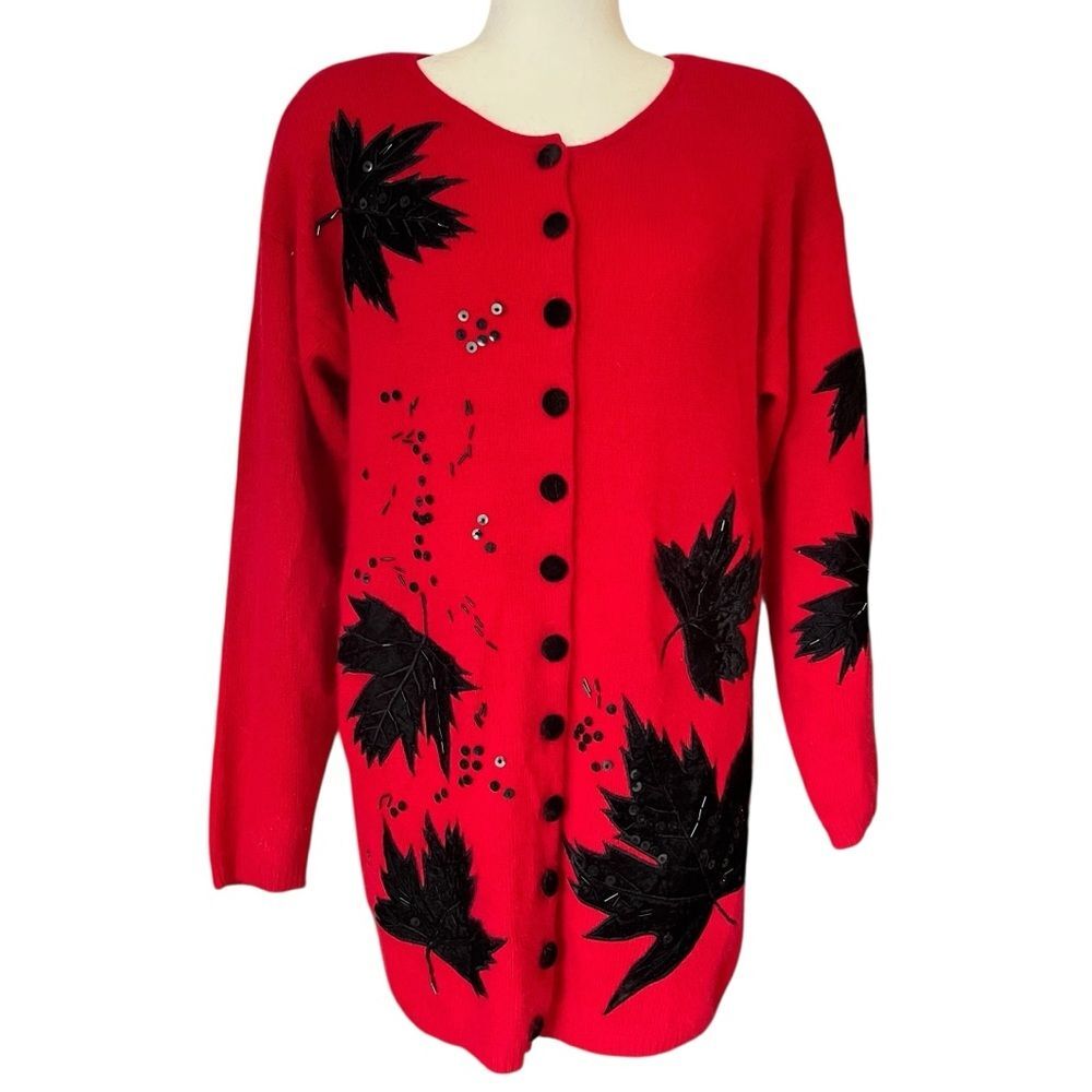 Laura Winston Vintage Wool Angora Cardigan Sweater Red Maximalism Womens Medium